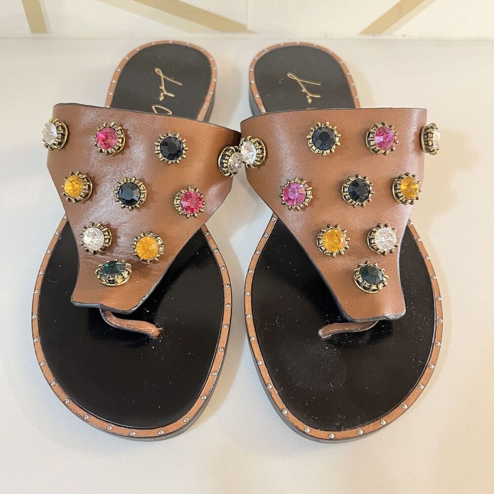 Lola Cruz Embellished Jeweled Brown Leather Flip Flops Sandals Size EU 37 US 7